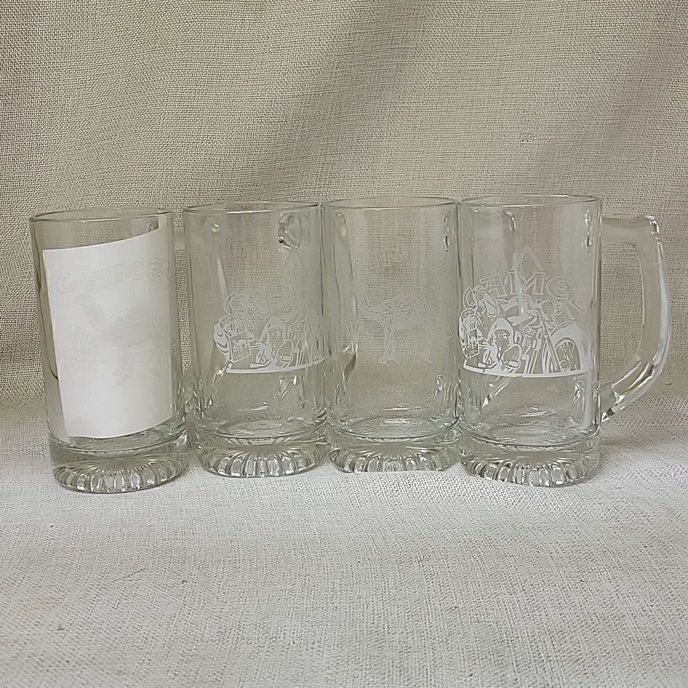 Vintage etched Joe Camel (2) and Joe on Motorcycle (2)glass beer mugs‎